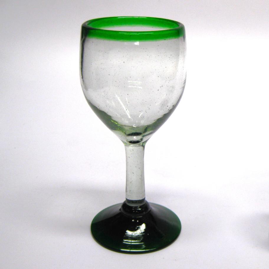 MEXICAN GLASSWARE / Emerald Green Rim 7 oz Small Wine Glasses (set of 6) / Capture the bouquet of fine red wine with these wine glasses bordered with a bright, emerald green rim.